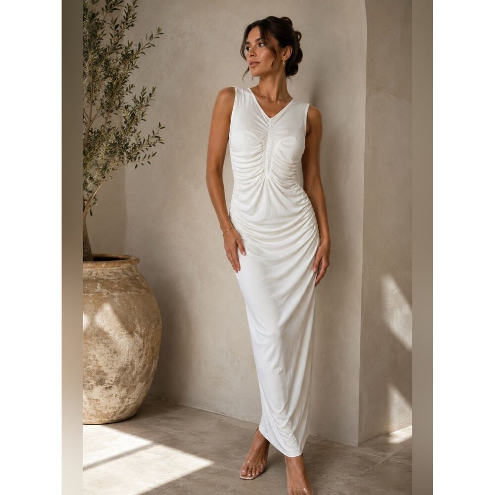 RNWY White Ruched Mesh Maxi Dress Size L